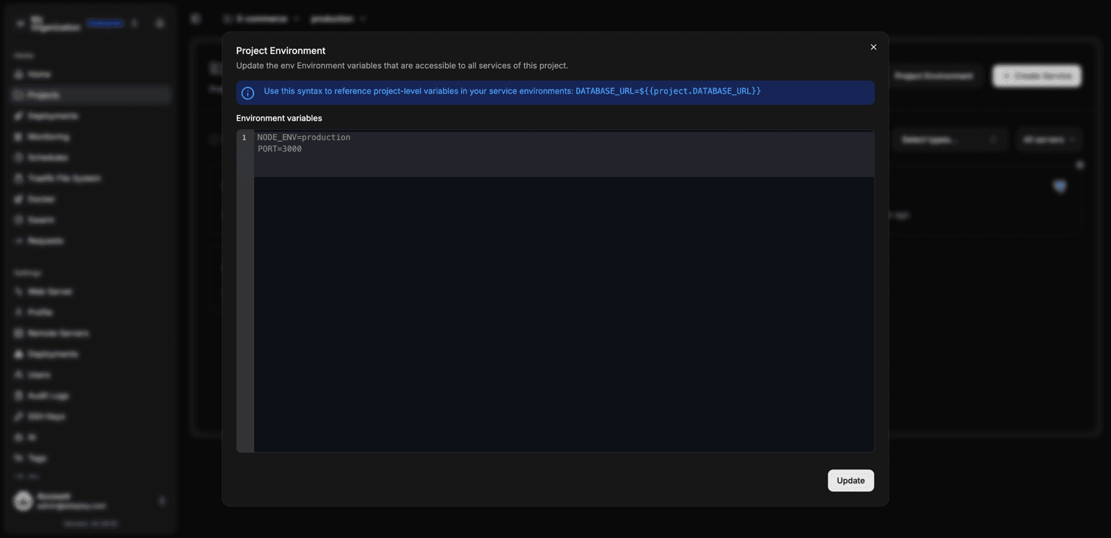 Environment variables panel