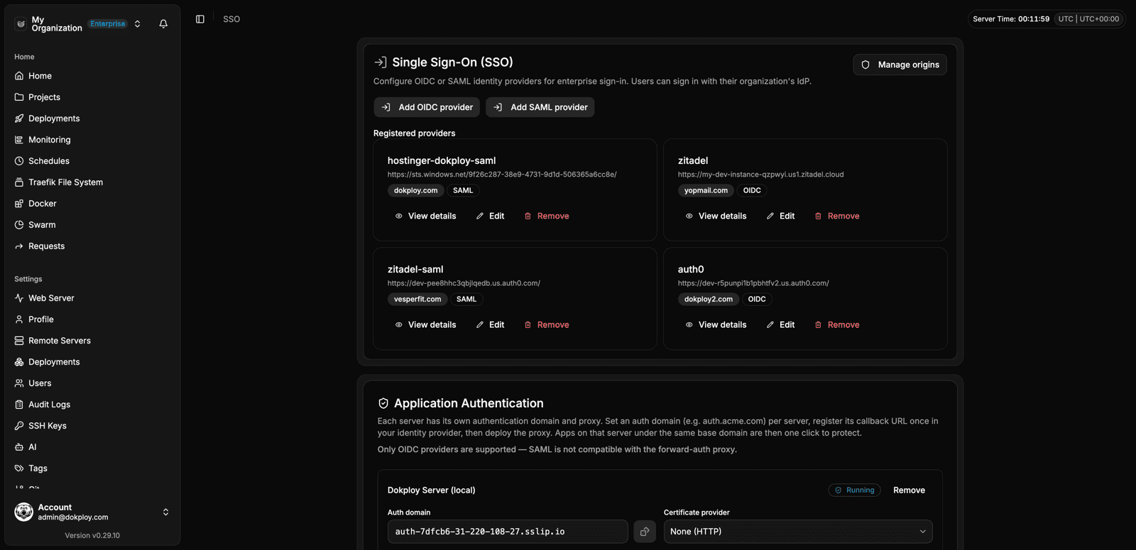 Application Authentication configuration under Settings > SSO