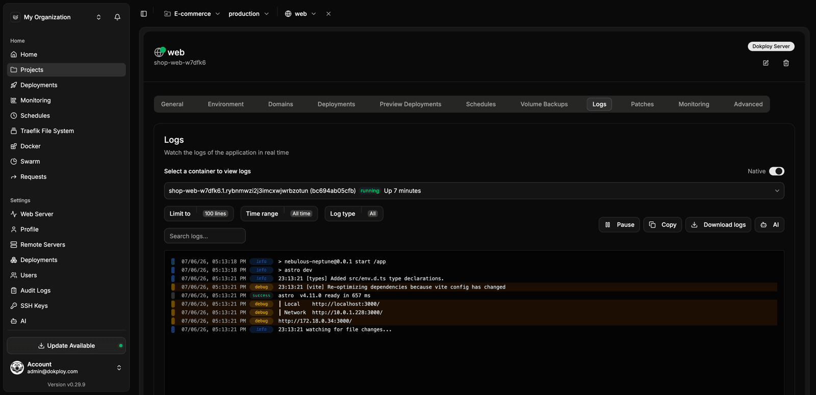 Real-time application logs