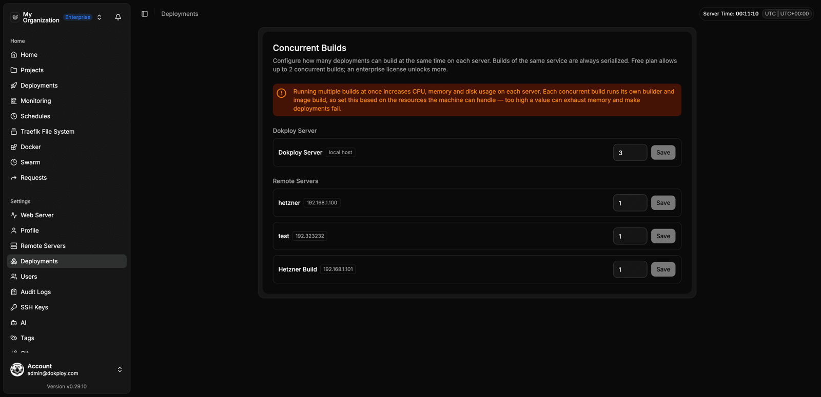 Per-server concurrency configuration under Settings > Deployments