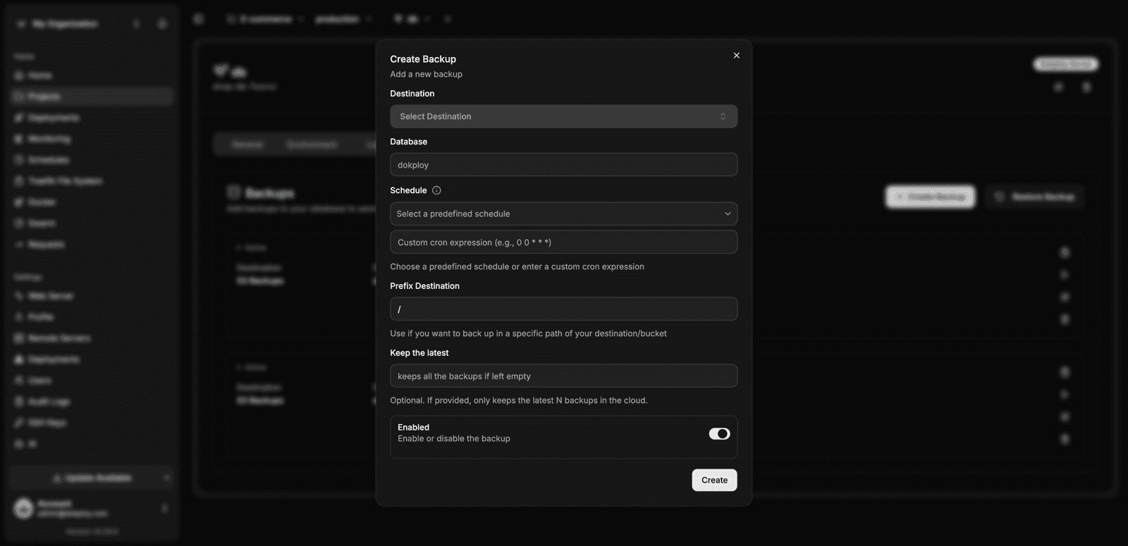 Create backup modal