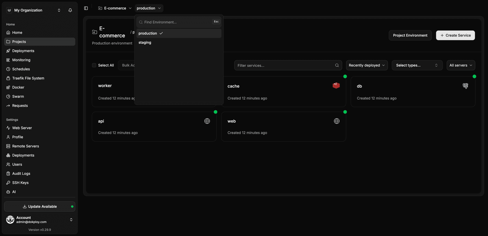 Environment selector with production and staging