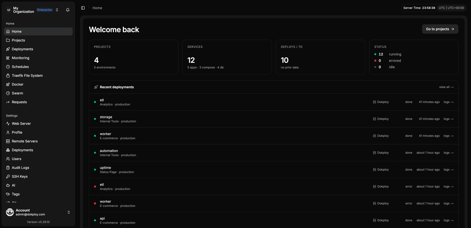 Nomploy home dashboard with projects, services and recent deployments