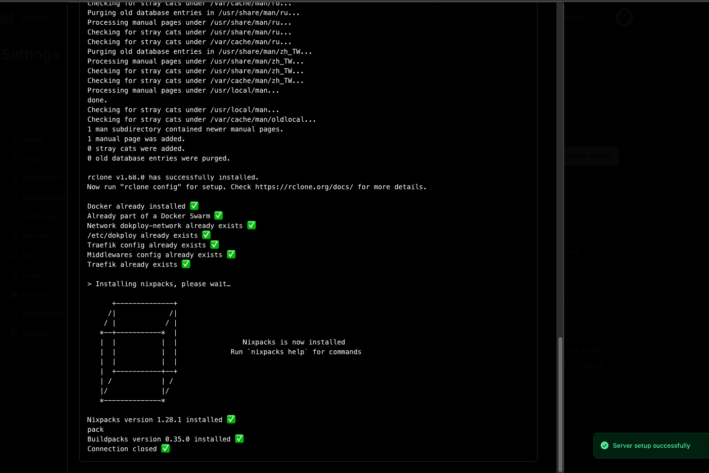 Server setup output